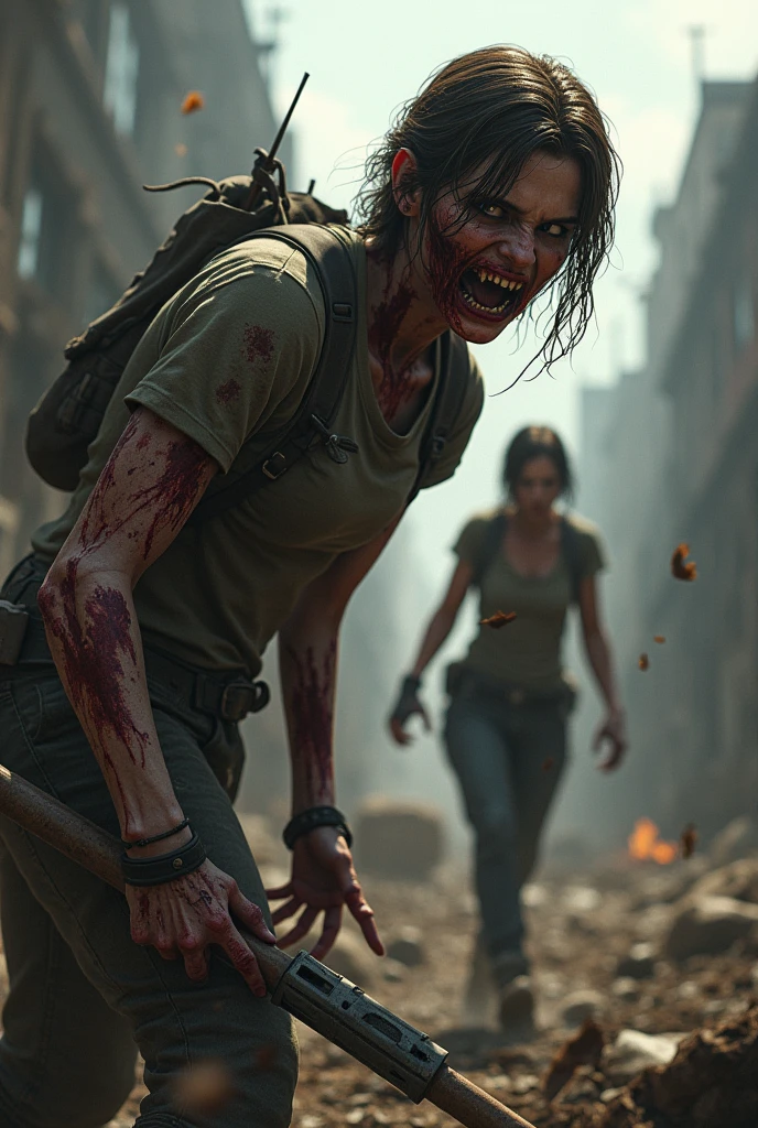 Early morning in a post-apocalyptic world, horde of realistic zombies surround a survivor wearing worn out clothes. The air is heavy with clear, crisp daylight. --auto --s2