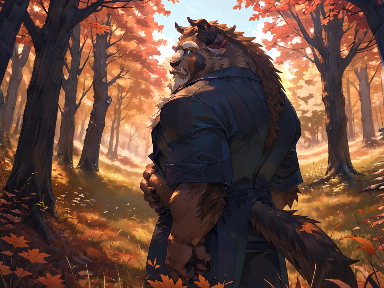 Beast from the movie Beauty and the Beast, paw pads details, solo, standing under a big tree, Autumn, wronged, pitiable, waiting, frome side, From a lateral viewpoint, open shirt, hand on stomach, Grassland, Look back over his shoulder, Turn his head to look back, masterpiece, (16K), HD, Various facial details, detailed background, very detailed, dynamic poses, Eyes details,  high resolution, high quality, correct anatomy, fullbody picture, Distant view, Wide-angle perspective, Long shot perspective, Leaning against the big tree
