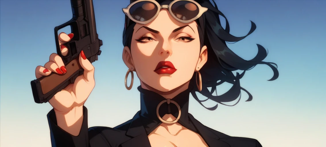  1girl, eyewear on head, suit, sunglasses, black hair, breasts, lipstick, red lips, gun shot