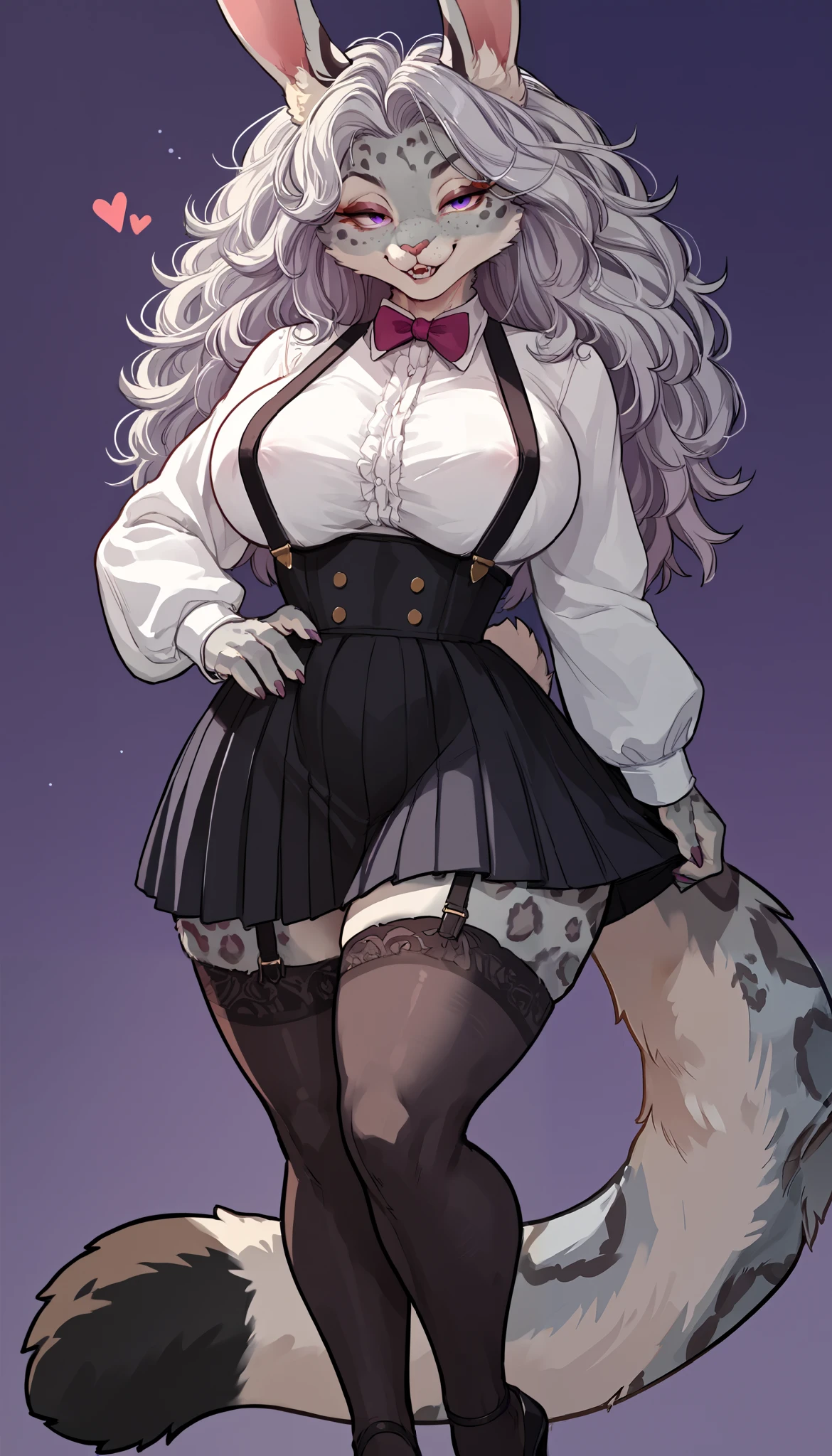 (zPDXL2), (PonyXLV6_Scores), source_anime, source_anthro, source_furry, Expressiveh, solo, three-quarter portrait, rating_explicit, front view, looking at viewer, standing, asymmetric image BREAK
(solo) female anthro bunny, long fluffy hair, bunny, (big breasts), attractive, ((long sleeve blouse)) with ((high waist skirt)), suspenders, black stockings, fit body, snow leopard tail,, thicc, freckles, freckles on face, smug eyes, (happy expression), she is standing look to the viewer , violet background, simple background, thick thighs (front view) hig heels, LHATA4564