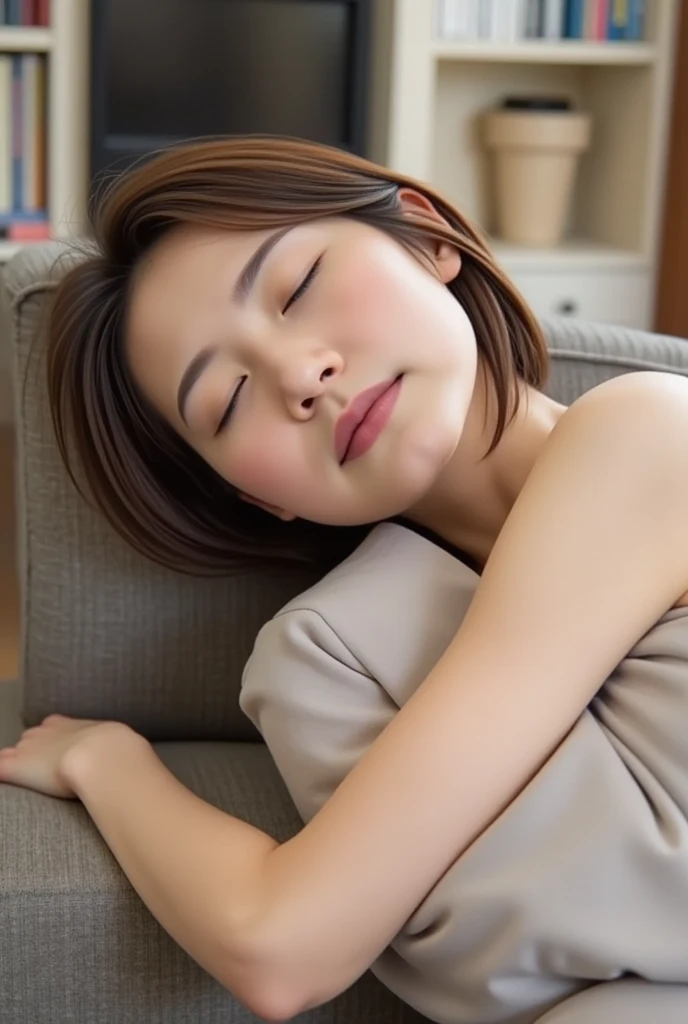 ((Realistic lighting、  top quality、8k、  masterpiece :1.3))、  clear focus :1.2、  1 girl、Perfect beauty,((  Has a lot of dark brown hair  、  shorter hair,Narrow side、  very detailed face 、  white skin, sleeping on the sofa, Very tired woman,  is sleeping,Sexy legs, stylish fashion ,Beauty, 
