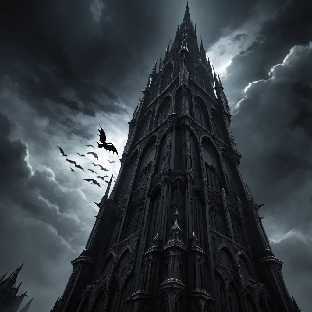 The "Dark Tower" towers over a world ruled by the Queen of Darkness. A close-up of the Gothic-style queen in the darkness. A dark world with black clouds swirling in the background. Small demons under her control. Crows flying around the tower. Looking up from a low angle. Fantasy. Sophisticated design. Advanced lighting technology. 8K quality.