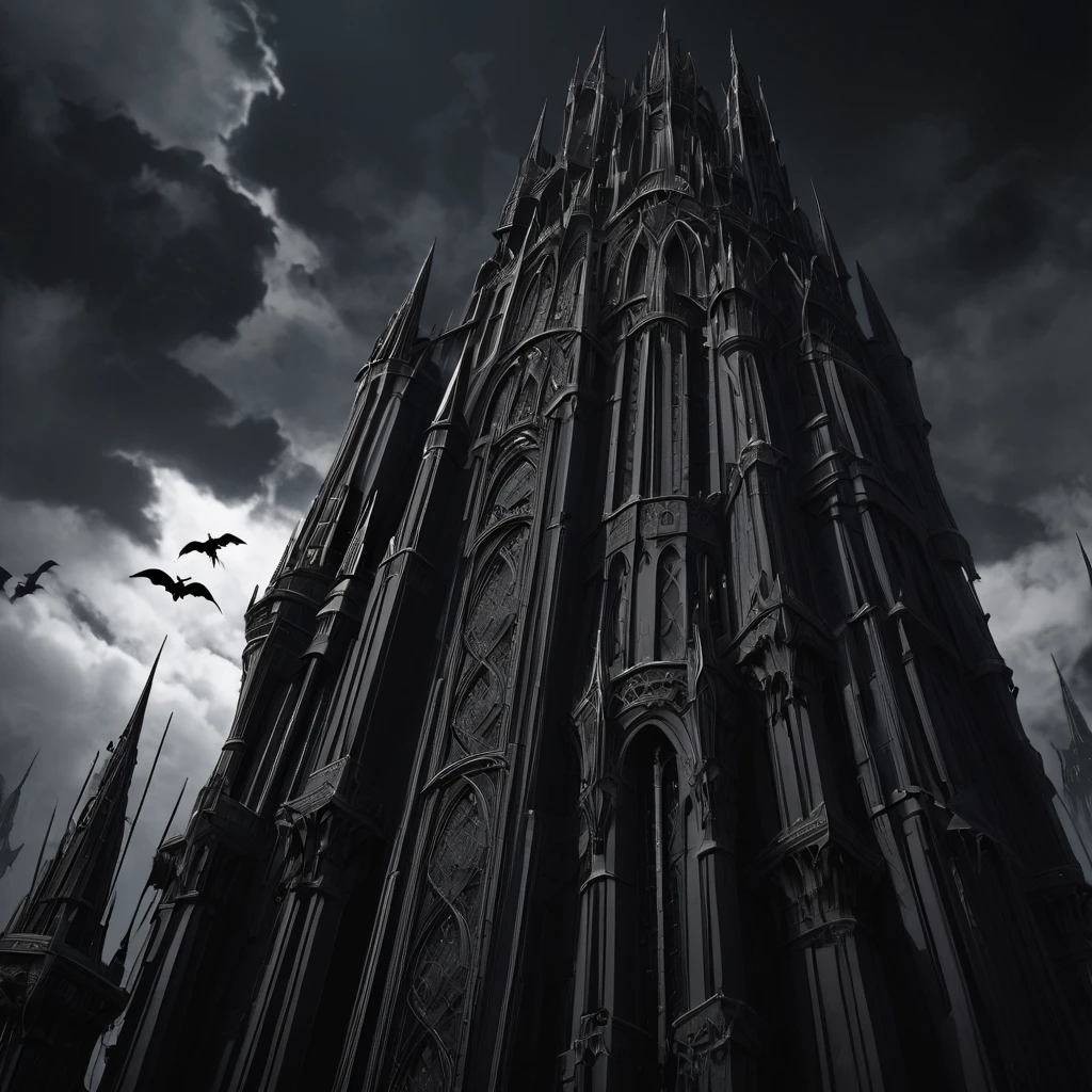 The "Dark Tower" towers over a world ruled by the Queen of Darkness. A close-up of the Gothic-style queen in the darkness. A dark world with black clouds swirling in the background. Small demons under her control. Crows flying around the tower. Looking up from a low angle. Fantasy. Sophisticated design. Advanced lighting technology. 8K quality.