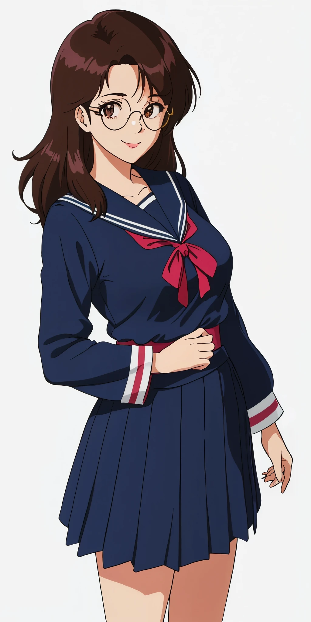 Young woman drawn in 80’s anime art style. 
Retro anime. Vintage Anime. Classical Anime. 
Black Dark Brown HAIR
Long Nihongami Hair
(Round Glasses)
(Round and Circle eyes)
(Light Brown eyes)
(Medium Sized Eyebrows)
(Freckles on Cheek)
(Light Tan Woman)
(Medium Breast)
Seductive Smile

She is wearing a sailor fuku (セーラー服, sērā fuku, sailor outfit) is a common japanese style of uniform worn by women, traditionally by high school female students. 

The uniform generally consists of a sailor-styled blouse attached with a (Navy blue sailor-style collar) and a Dark Navy Blue Sailor Blouse. The length of the long skirt goes down past her ankle.

A ribbon is tied in the front and laced through a loop attached to the sailor blouse. The color is the ribbon is red. (RED RIBBON)

(Dark Navy Blue Sailor Shirt)
(Dark Navy Pleated Skirt)

(Solo)
(Location: High School)
(Background: High School)