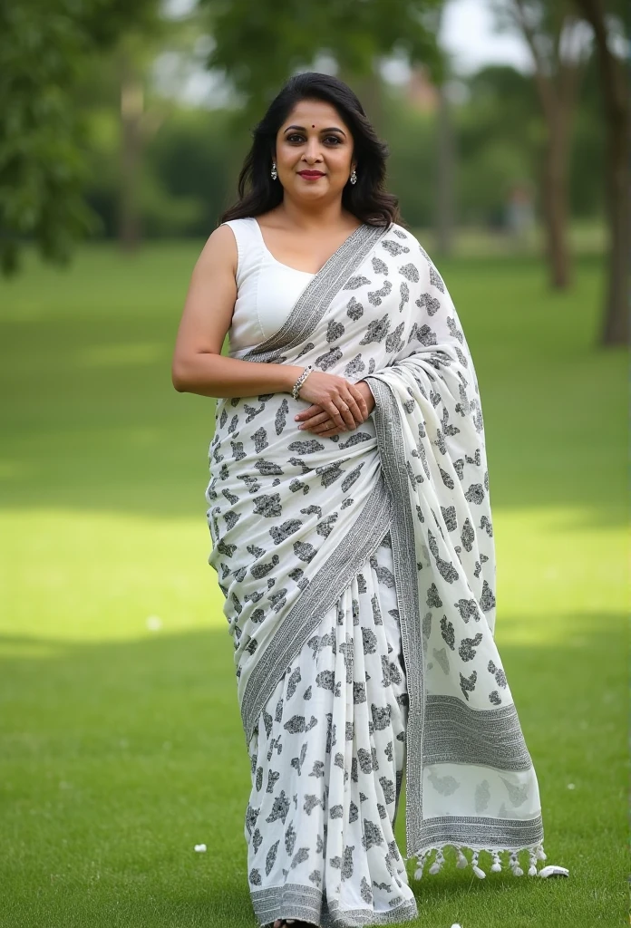 Indian mature Wife with a huge round and long cleavage line visible in a  folded  saree, white and black saree, navel visibile,HDR, 8k, hyperdetailed, best quality, ultra-high resolution, HDR, curved body, 8k, walking on the lawn , look at viewer, having perfect breasts, ( perfect anatomy with little chubby), wavy hair, bright smile