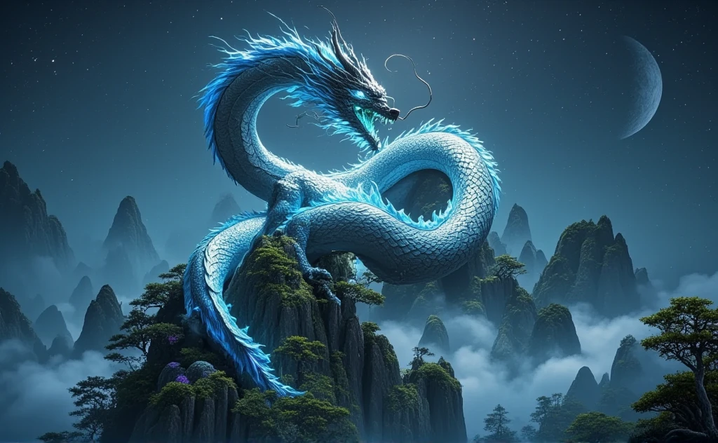 Azure Chinese dragon. wise, strong. His eyes are empty. Black horns. empty white eyes shining with white light. He flies in the sky. the big moon. horror