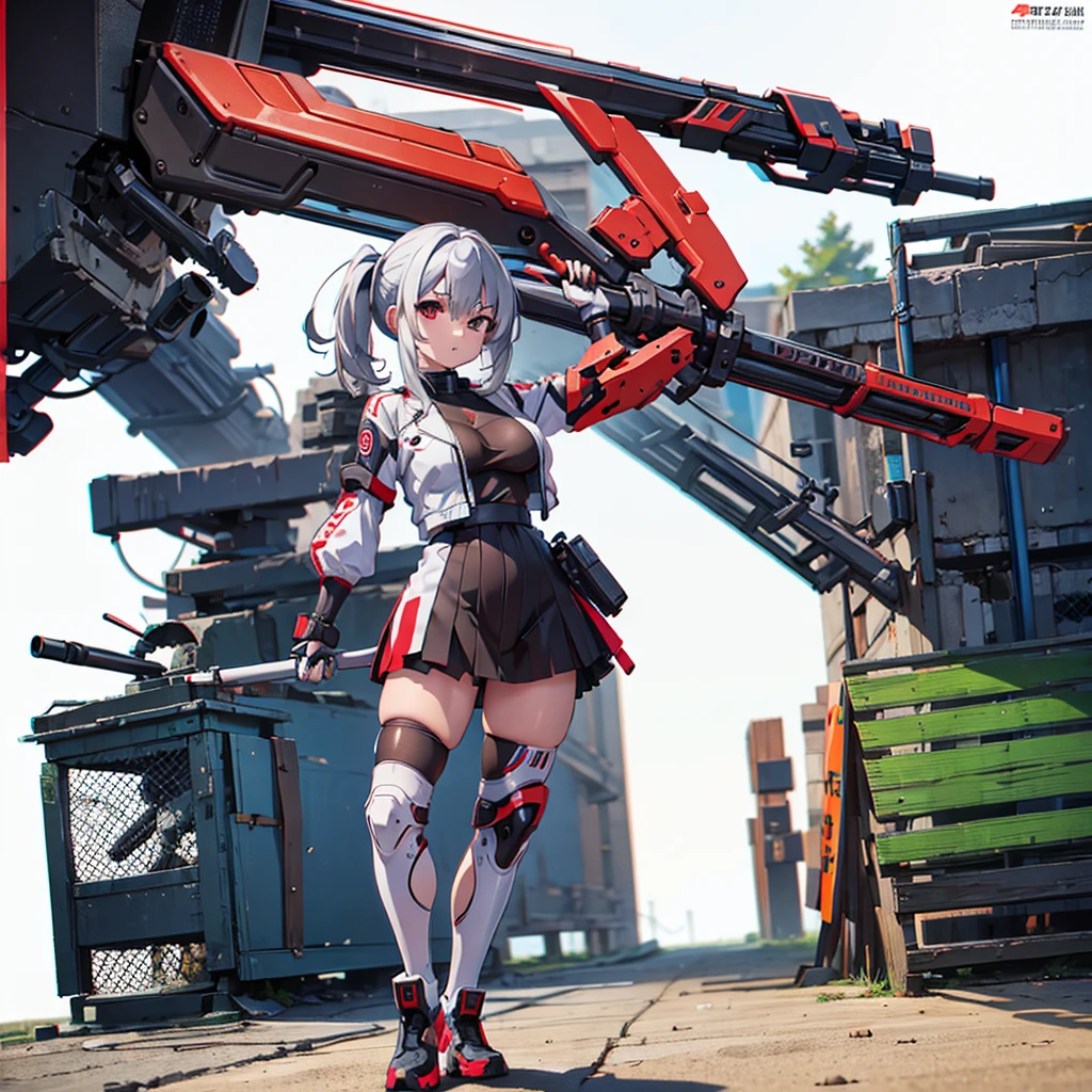 (masterpiece,  top quality), ( perfect athlete body :1.2), ( detailed hair),  ultra detail ,  anime style , whole body, Cyberpunk Ninja Gunner Girl, Wearing techwear,  Cyberpunk Ninja Gunner Girl with Red Accessories  ,  High-tech Giant Gun , Black and white hair, Stew , Mechanical Arm Guard, Wear tech boots, 8k high resolution,  trend art station , White background,  standing in the wilderness , whole body,