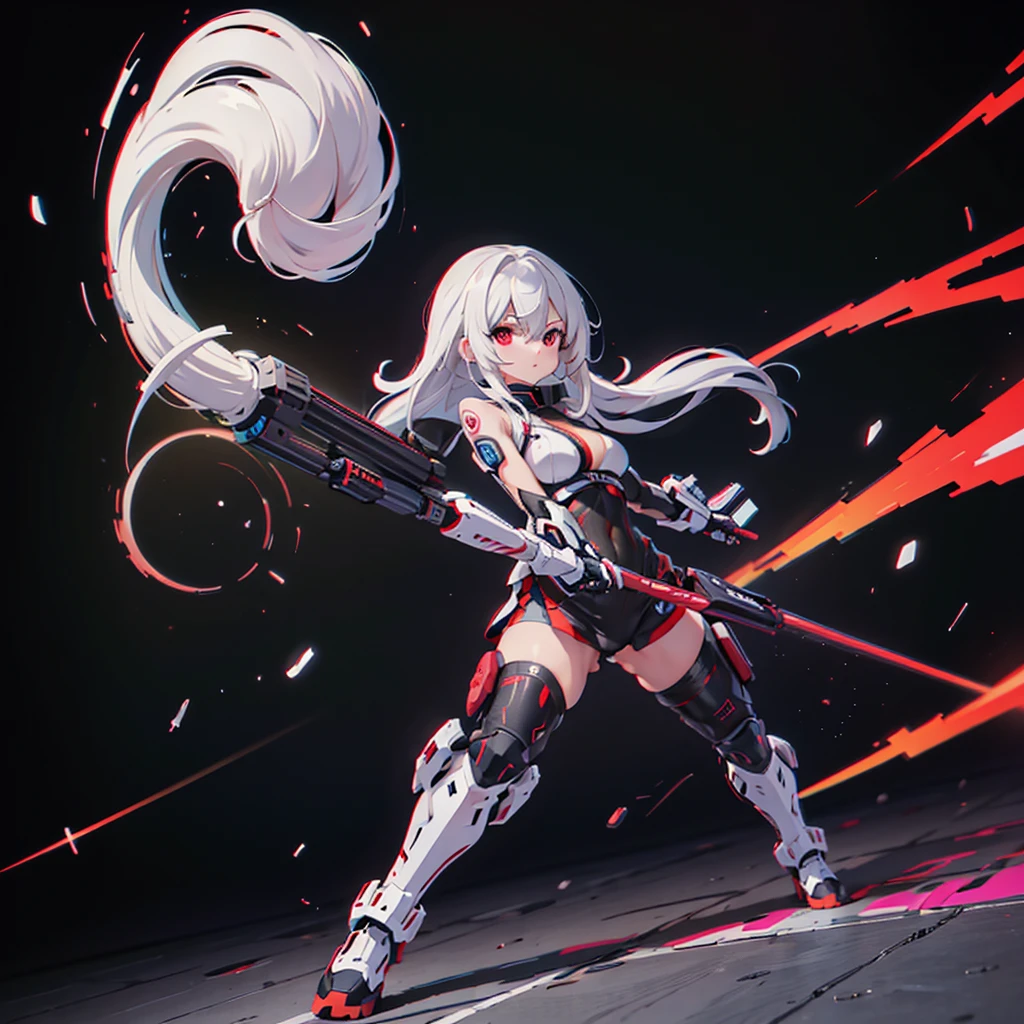 (masterpiece,  top quality), ( perfect athlete body :1.2), ( detailed hair),  ultra detail ,  anime style , whole body, Cyberpunk Ninja Gunner Girl, Wearing techwear,  Cyberpunk Ninja Gunner Girl with Red Accessories  ,  High-tech Giant Gun , Black and white hair, Stew , Mechanical Arm Guard, Wear tech boots, 8k high resolution,  trend art station , White background,  standing in the wilderness , whole body,