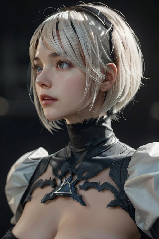 {(  Masterpiece,  Best Quality  , 16k portrait  ,   Ultra high definition ,   extremely detailed work  ,  rostro, eyes,  detailed and beautiful skin and hair )},( looking at the spectator )
BREAK {(  ultra realistic photographic style  :1.2)} 
BREAK {alone,(2b de nier-automata :1.4), (  light brown to light white hair :1.4,   short hair ), (medium mouth),( eyes afilados y estrechos ),( atractivos eyes azules vidriados :1.4),(  Left eye hidden by the bangs  :1.2),(  slim body:1.2),(neckline),(  very large breasts:1.4),(waist 50cm),Captivating lips} 
BREAK {(  Nier-Automata-2B costume  :1.2),(neckline entre senos:1.2),(diadema)} 
BREAK {profile, Posture recording of the model :1.2}