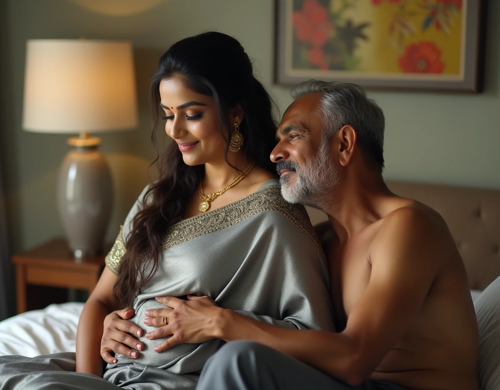 Newly wed indian couple, hot curvy white south indian milf with long tied hair, big breast, big hip, very big ass, thick thighs, woman wearing long kurthi and leggings, cleavage, indian couple, very short indian black old man with short haircut, skinny body and big moustache, man wearing shorts, woman with man, couple in house balcony, high resolution, couple looking at camera, tall woman and short man, close-up potrait, Closed Mouth, serious face, front full body view, in kitchen, bright lighting
