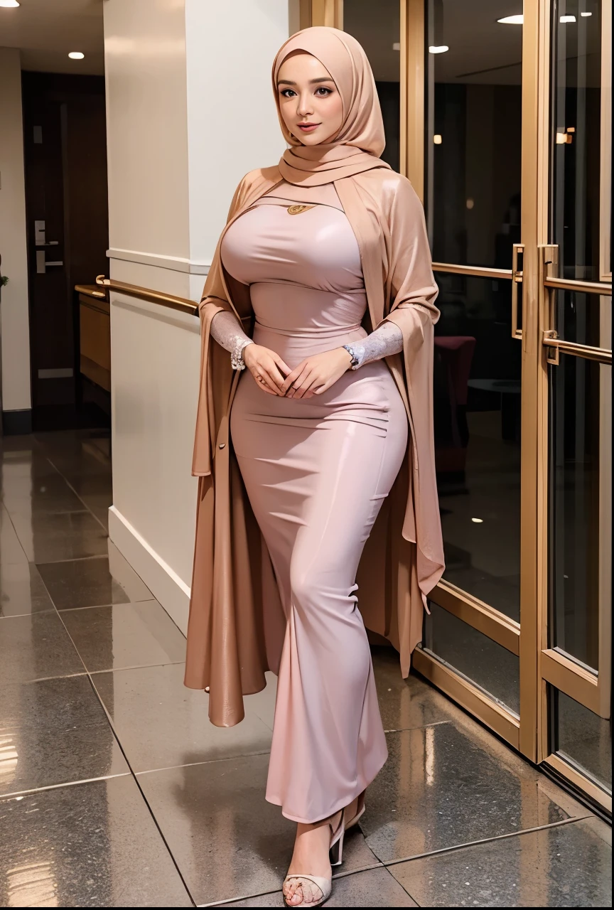 1 lady, 30 years old, hijabi, wearing tight malay baju kurung, fine wrinkles, walking shot, standing outside a hall, rose gold malay baju kurung, (big breast 1.8), subtle cleavage, cloth follow body shape , wearing plain hijab, short hijab, confident, beautiful, body shape, revealing, less cloth hanging
