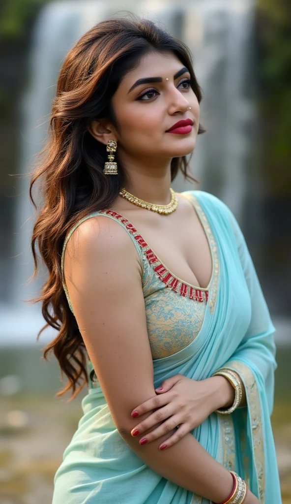 Close up full-body photo of sexy Sreeleela, curvy, hourglass figure,  swooping breasts,  deep cleavage, deep neck blouse, blue floral saree, navel, belly button, in a waterfall, seductive pose, erotic pose,  cheering for her, wavy hair, necklace,  red lips, nosering on one side of nose, jhumka, bright light photoshoot model,  