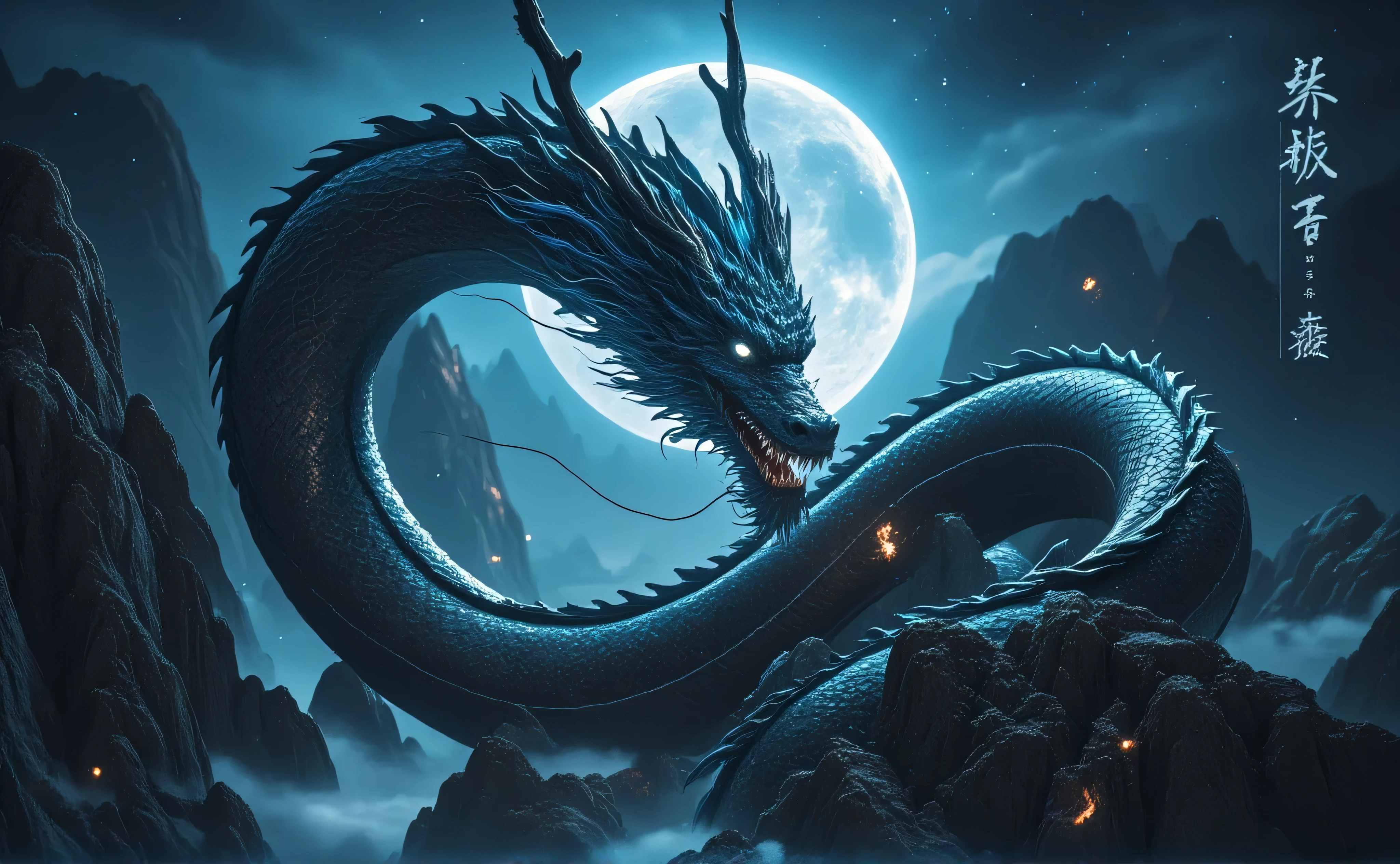 Azure Chinese dragon. wise, strong. His eyes are empty. Black horns. empty white eyes shining with white light. He flies in the sky. the big moon. horror