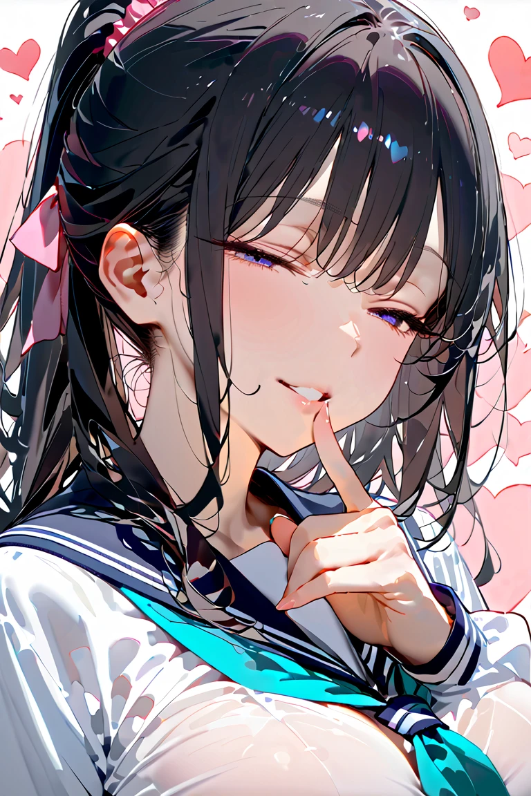 1girl, finger to mouth, (face focus:1.3),
looking at viewer, seductive smile, (facing to the side:1.2), sideways glance,
half-closed eyes, heavy breathing, parted lips, embarrassed,
simple background, heart background,
BREAK
18yo, girl, (black hair:1.2), ponytail, (wavy hair:1.2), (hair between eyes:0.7), long sideburns, long sidelocks, (aqua scrunchie:1.0), (large breasts:1.3),
school uniform, serafuku, white shirt, white sleeves, long sleeves, (sleeves lines:1.2), navy sailor collar, aqua neckerchief,


masterpiece,best quality,amazing quality,very aesthetic,absurdres,newest, , (たれ目:1.5), (half closed eyes:1.5),