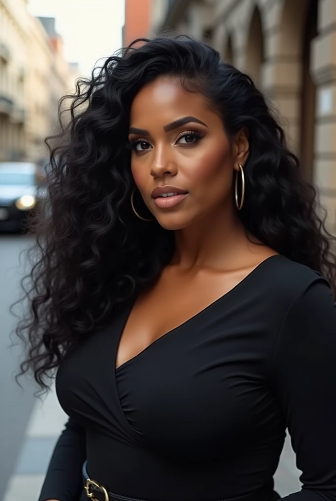 Thick Black women with long black curly hair with blue eyes as super girl