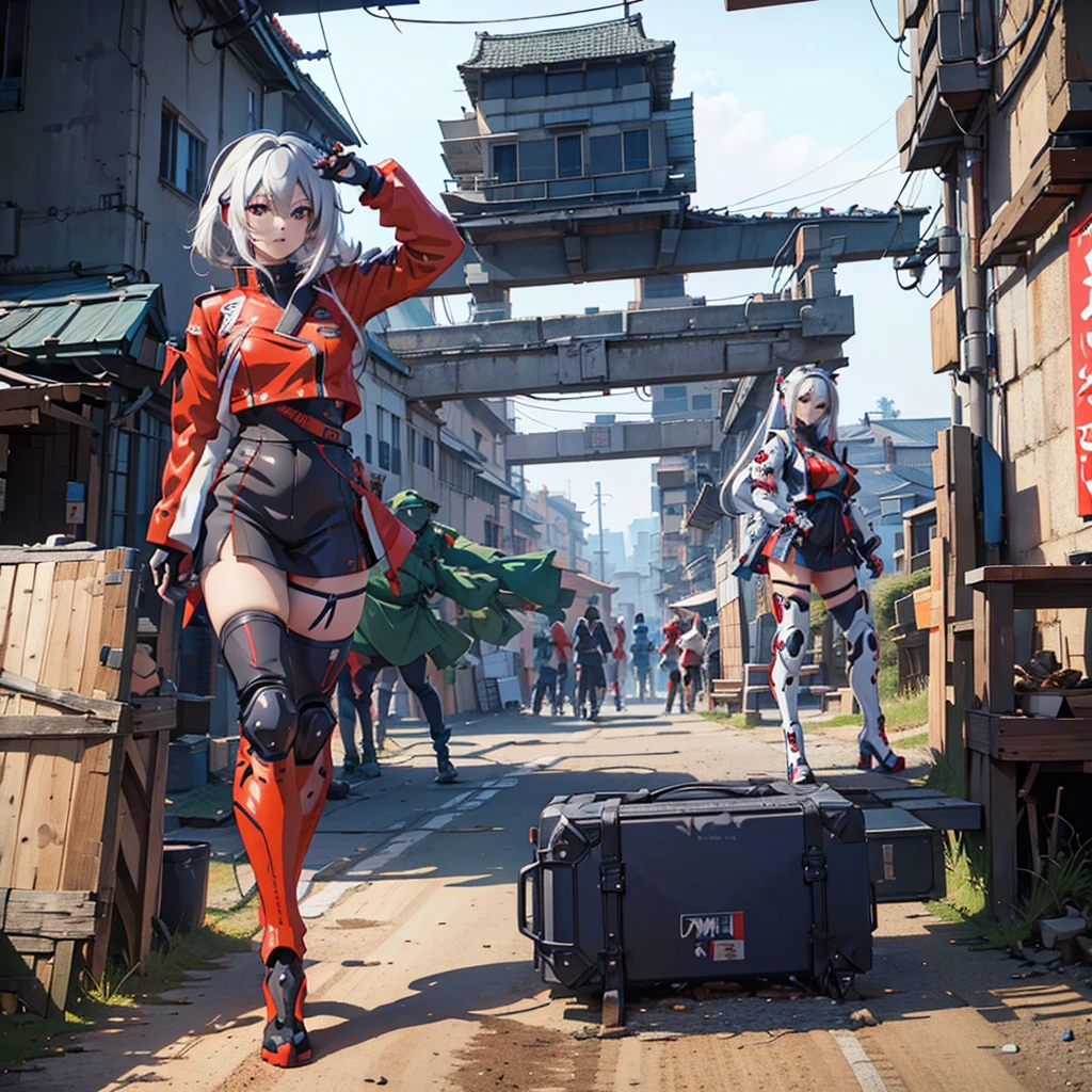 (masterpiece,  top quality), ( perfect athlete body :1.2), ( detailed hair),  ultra detail ,  anime style , whole body, Cyberpunk Ninja Gunner Girl, Wearing techwear,  Cyberpunk Ninja Gunner Girl with Red Accessories  ,  High-tech Giant Gun , Black and white hair, Stew , Mechanical Arm Guard, Wear tech boots, 8k high resolution,  trend art station , White background,  standing in the wilderness , whole body,