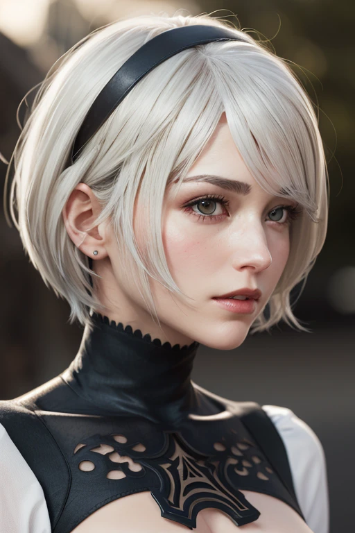 {(  Masterpiece,  Best Quality  , 16k portrait  ,   Ultra high definition ,   extremely detailed work  ,  rostro, eyes,  detailed and beautiful skin and hair )},( looking at the spectator )
BREAK {(  ultra realistic photographic style  :1.2)} 
BREAK {alone,(2b de nier-automata :1.4), (  light brown to light white hair :1.4,   short hair ), (medium mouth),( eyes afilados y estrechos ),( atractivos eyes azules vidriados :1.4),(  Left eye hidden by the bangs  :1.2),(  slim body:1.2),(neckline),(  very large breasts:1.4),(waist 50cm),Captivating lips} 
BREAK {(  Nier-Automata-2B costume  :1.2),(neckline entre senos:1.2),(diadema)} 
BREAK {profile, Posture recording of the model :1.2}