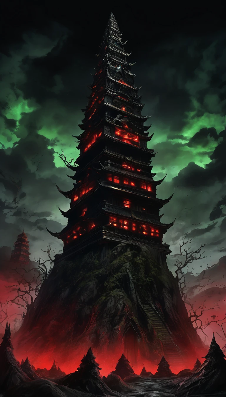 A towering black spire emerging ominously from the ground composed of a grotesque amalgamation of unknown eerie creatures, The spire is made up of various yokai each displaying a range of emotions from joy to anger their faces contorted in fearsome expressions, The scene is set in a dark hellish landscape viewed from below to enhance the imposing and threatening nature of the tower, The blackness is the dominant color with unsettling red and green glows highlighting the yokai faces, The dark fantasy style captures the chilling and macabre essence of this infernal structure, A giant tower creepily towering in a space full of gas and odors, UHD, masterpiece, accurate, retina, super detail, high details, high quality, award winning, best quality, highres, 16k