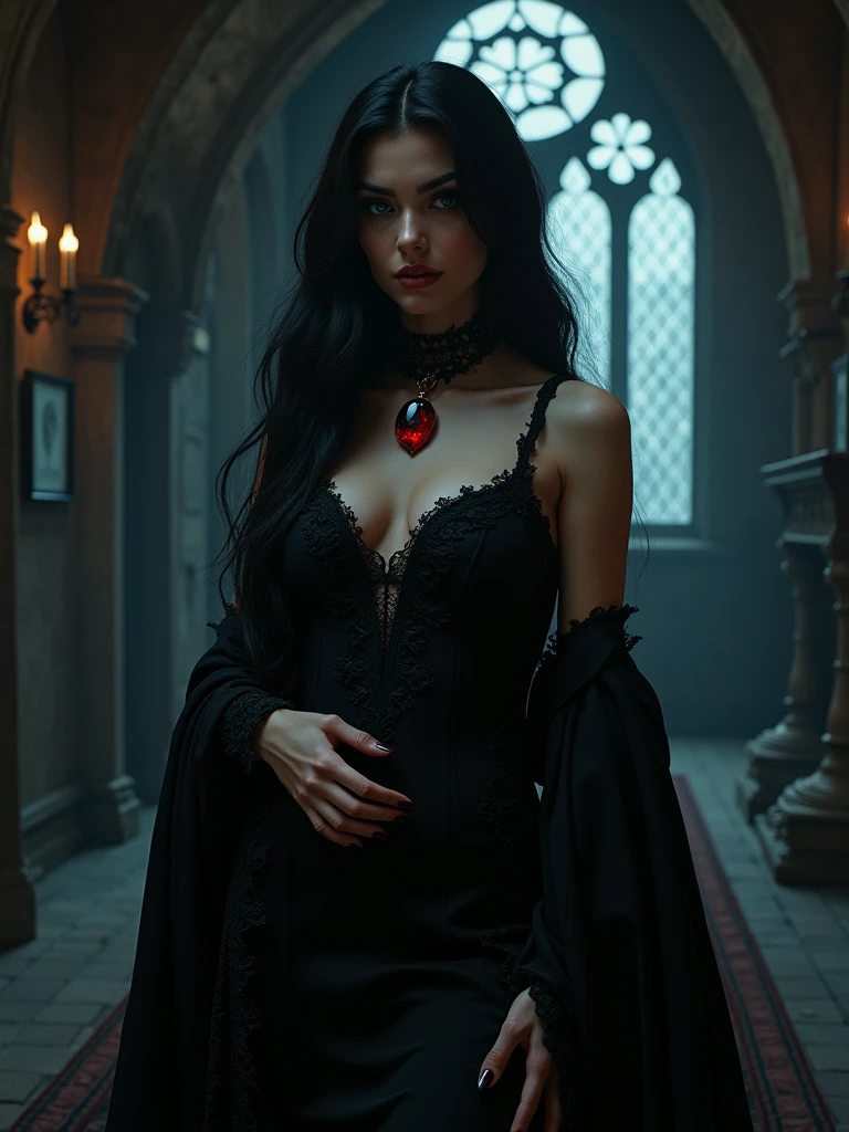 (masterpiece:1.3, photorealistic:1.37), 1girl, (christinaricci-ti), young, cleavage, ((black lace strapless bustier)), (small breasts:1.3), (huge sagging:1.3), pale skin, vampire, sitting with legs crossed, necklace, (blood dripping from mouth running down to the chest:1.2),(blood_red:1.5), (black_metal:0.7), (vampire fangs), elegant, royal, victorian style, mischievous, lascivious, looking at viewer, smirk, extremely detailed facial features, low lighting, candles in background, cinematic scene, anatomically correct, Castlevania inspired art 