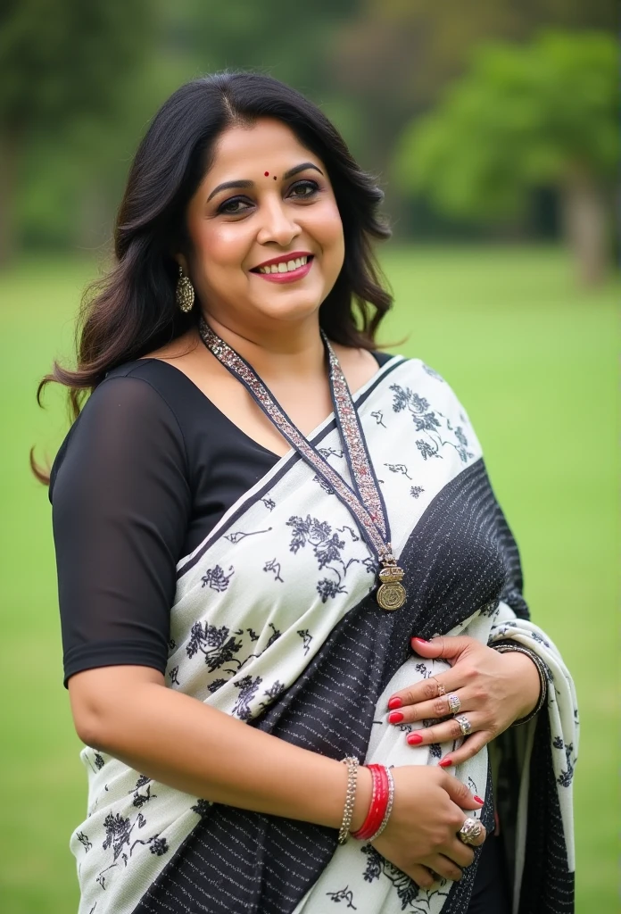 Indian mature Wife with a huge round and long cleavage line visible in a  folded  saree, white and black saree,her round navel visibile,HDR, 8k, hyperdetailed, best quality, ultra-high resolution, HDR, curved body, 8k, walking on the lawn , look at viewer, having perfect breasts, ( perfect anatomy with little chubby), wavy hair, bright smile