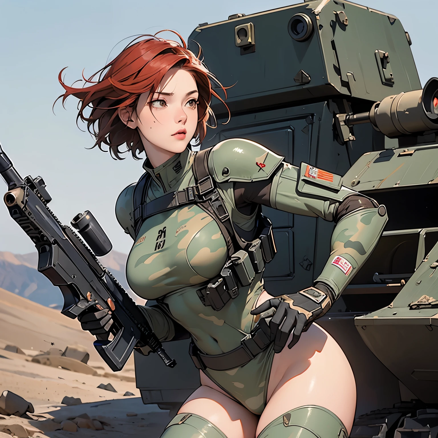 nsfw, anime screencap, 16K, perfect anatomy proportion body, perfect hands, action, A dynamic composition with a sense of speed and movement, (Hold an assault rifle:1.6), a wife, 40age, perfect beautiful delicate sexy face, perfect beautiful delicate slanted red eyes, red hair, swept bangs pixie cut, medium breasts, abs, Heavy armored steam-powered suit with intricate chainmail, Many robot soldiers having a gunfight in the background, Flying bullets, Desert Battlefield, war, Post-apocalyptic,