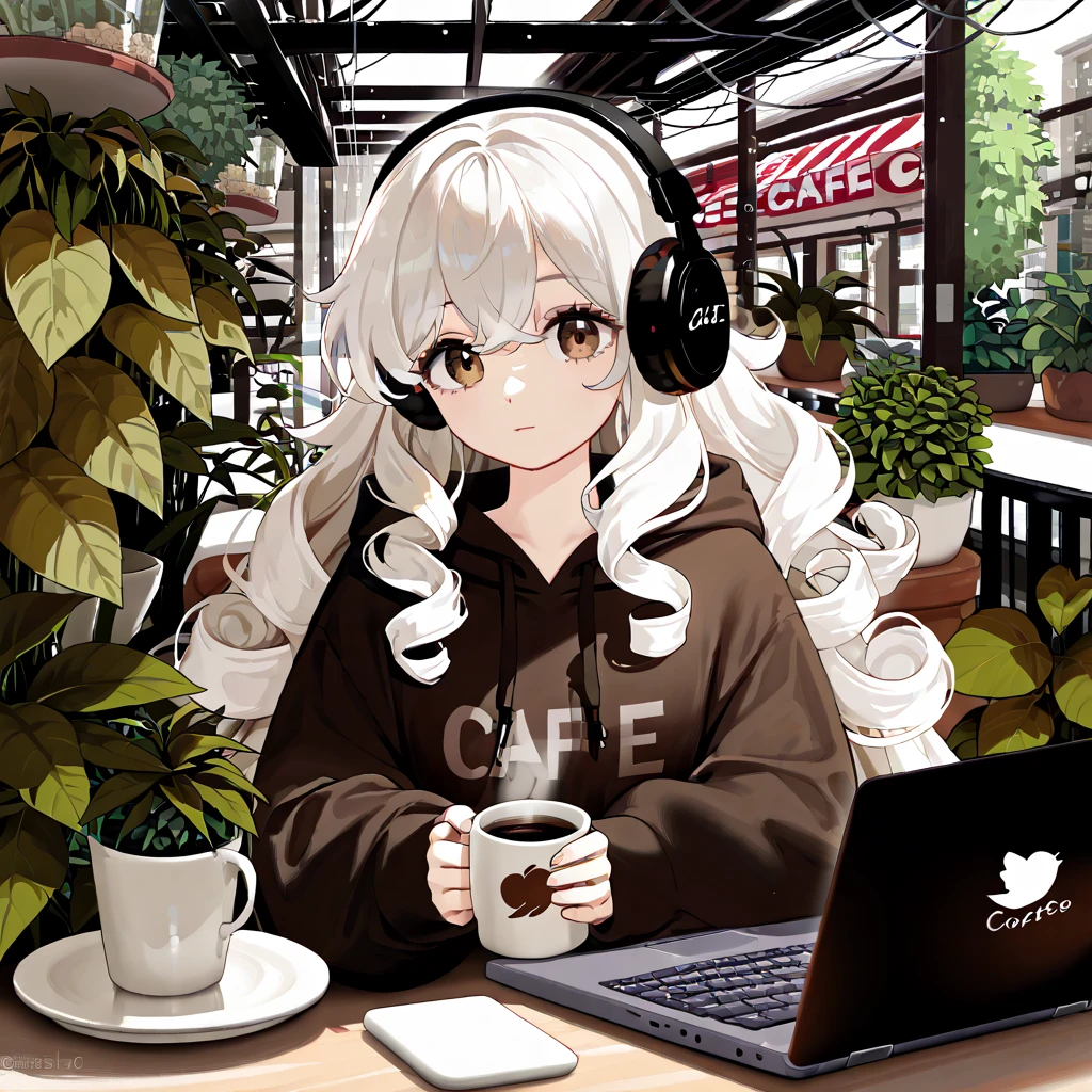 The most beautiful girl ever, Cafe、 headphones、rain、white hair, Long Hair, High Resolution, High Resolution, High Details, brown eyes, curly hair, coffee, oversized hoodie, laptop, plants in background with cafe, 