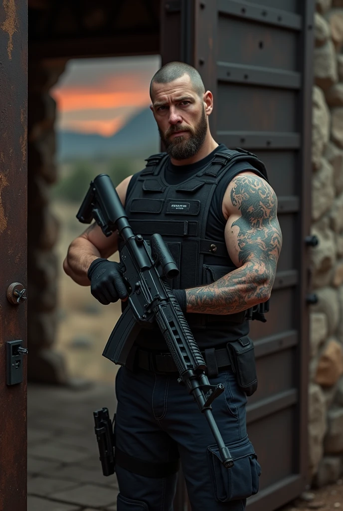masterpiece, best quality, highres, 1man, on the street, gloomy, (metal steel building:1.1), focus on background, upper body, strong taiwanese man, (large arms tattoo:1.4), gangster, shirt, tank top, holding weapon, (pistol:1.3), A variety of signs on the road in Taiwan, many motorcycles parked on sidewalk, buildings made of corrugated metal, dirty trash,