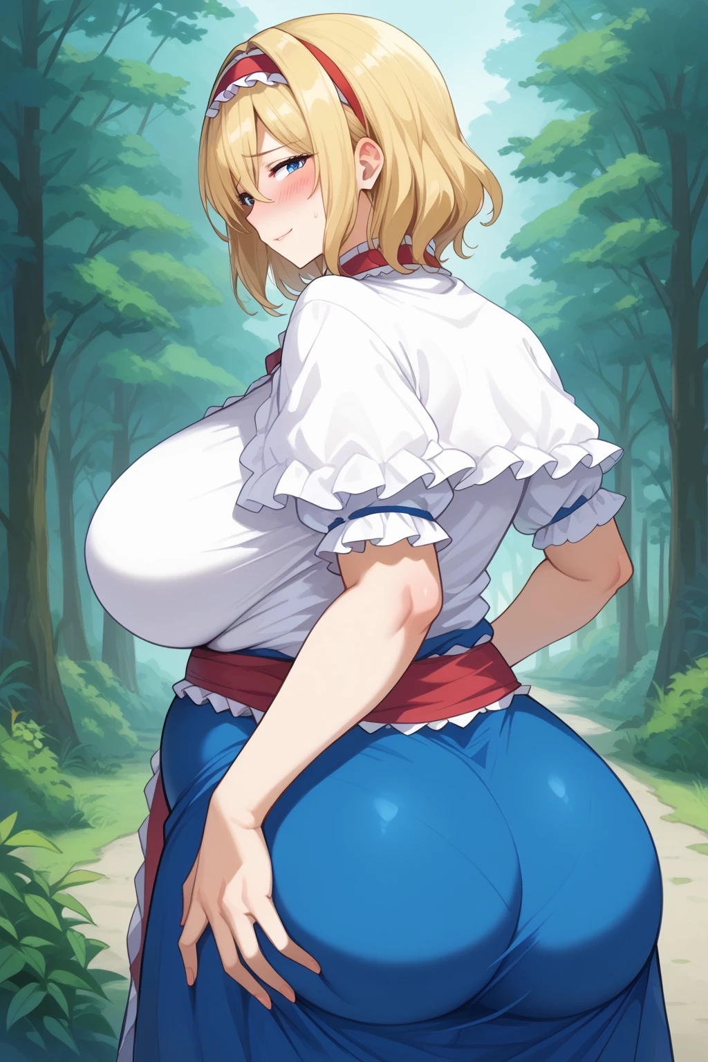   Alice Margatroyd、alice margatroid,  medium hair up to buttocks、 blonde hair 、 blue eyes、 red hair band,,FriiLED Headband 、Red waist wrap with white frills 、 blue dress、 white capelet、 Blue Dress 、 blue long skirt、 score_9,  score_8_up、 score_7_up、 score_6_up、 score_5_up、 score_4_up、 Masterpiece、 top quality、 Very Aesthetic、 absurd、 source_Screencap 、 one woman、Alone、 personal , super huge breasts, ((( super huge clevis, super huge, super huge boob))),Curvy、 chubby 、Mature Woman, obese body type,blush, Shy woman、 sloppy stomach、Three-section abdomen、Plump belly、Being in the forest、 Road in the forest、I'm worried about belly fat 、 women who seem to fart