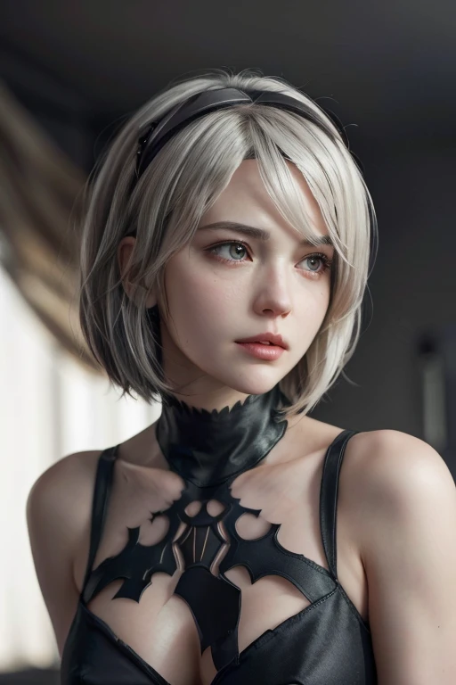 {(  Masterpiece,  Best Quality  , 16k portrait  ,   Ultra high definition ,   extremely detailed work  ,  rostro, eyes,  detailed and beautiful skin and hair )},( looking at the spectator )
BREAK {(  ultra realistic photographic style  :1.2)} 
BREAK {alone,(2b de nier-automata :1.4), (  light brown to light white hair :1.4,   short hair ), (medium mouth),( eyes afilados y estrechos ),( atractivos eyes azules vidriados :1.4),(  Left eye hidden by the bangs  :1.2),(  slim body:1.2),(neckline),(  very large breasts:1.4),(waist 50cm),Captivating lips} 
BREAK {(  Nier-Automata-2B costume  :1.2),(neckline entre senos:1.2),(diadema)} 
BREAK {profile, Posture recording of the model :1.2}