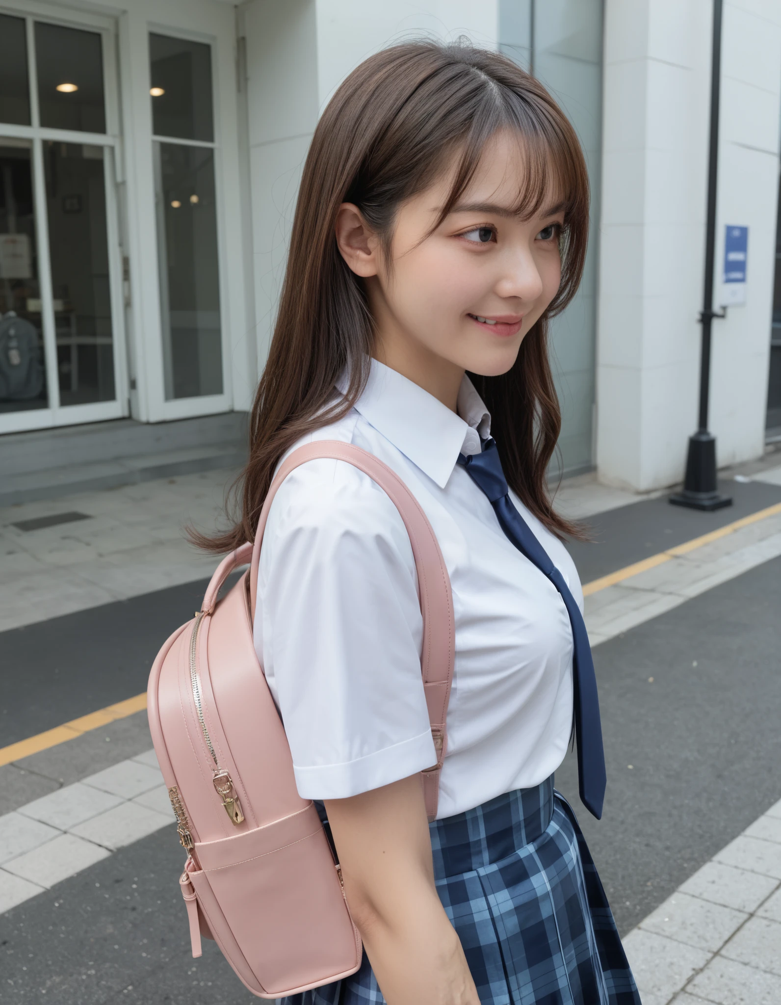 Masterpiece, hd, realistic, 1girl, brown hair, long hair, smile, medium breasts,school uniform, white collared shirt, blue necktie, short sleeves, blue plaid skirt, mcm,bag, MCM bag, backpack, pink backpack, from side, cowboy shot, looking to the side, determined, outdoor, closed mouth, best quality