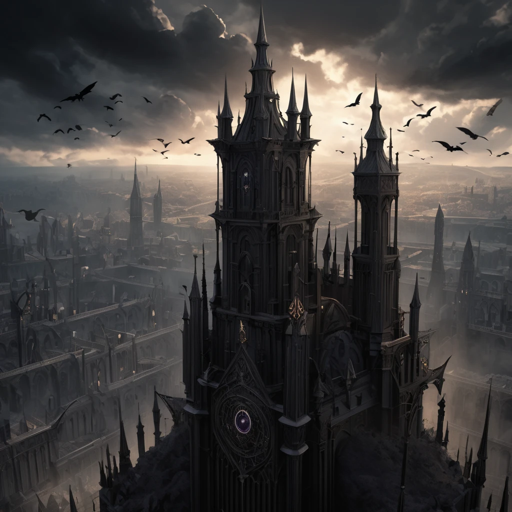 The "Dark Tower" towers over a world ruled by a dark queen. From the top of the tower in the darkness, the queen in a gothic dress looks down on her domain. A close-up of the queen. A dark world with black clouds swirling in the background. Small demons under her control. Crows flying around the tower. A bird's-eye view. Fantasy. Sophisticated design. Advanced lighting technology. 8K quality.