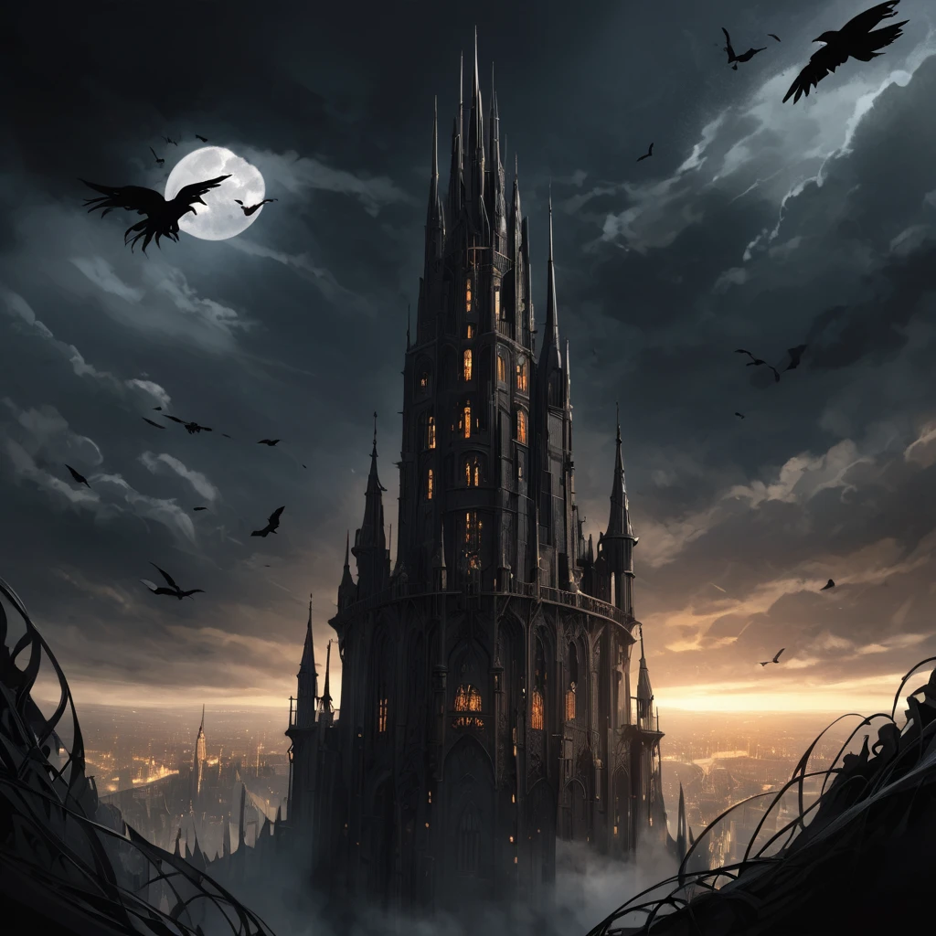 The "Dark Tower" towers over a world ruled by a dark queen. From the top of the tower in the darkness, the queen in a gothic dress looks down on her domain. A close-up of the queen. A dark world with black clouds swirling in the background. Small demons under her control. Crows flying around the tower. A bird's-eye view. Fantasy. Sophisticated design. Advanced lighting technology. 8K quality.