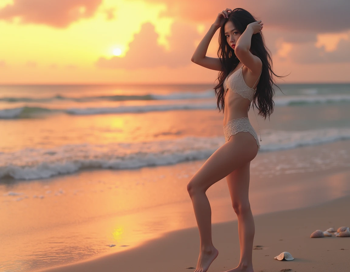 Asian girl with long black hair，Bare upper body，On the sandy beach，The eyes are as dark as night。Wearing a pink bikini，