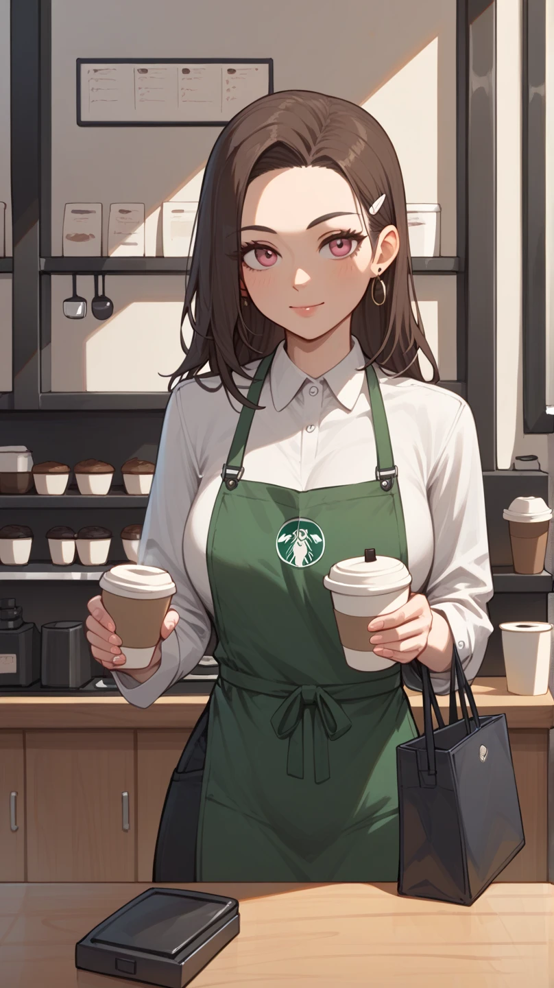 Slander female barista holding a bag of coffee beans