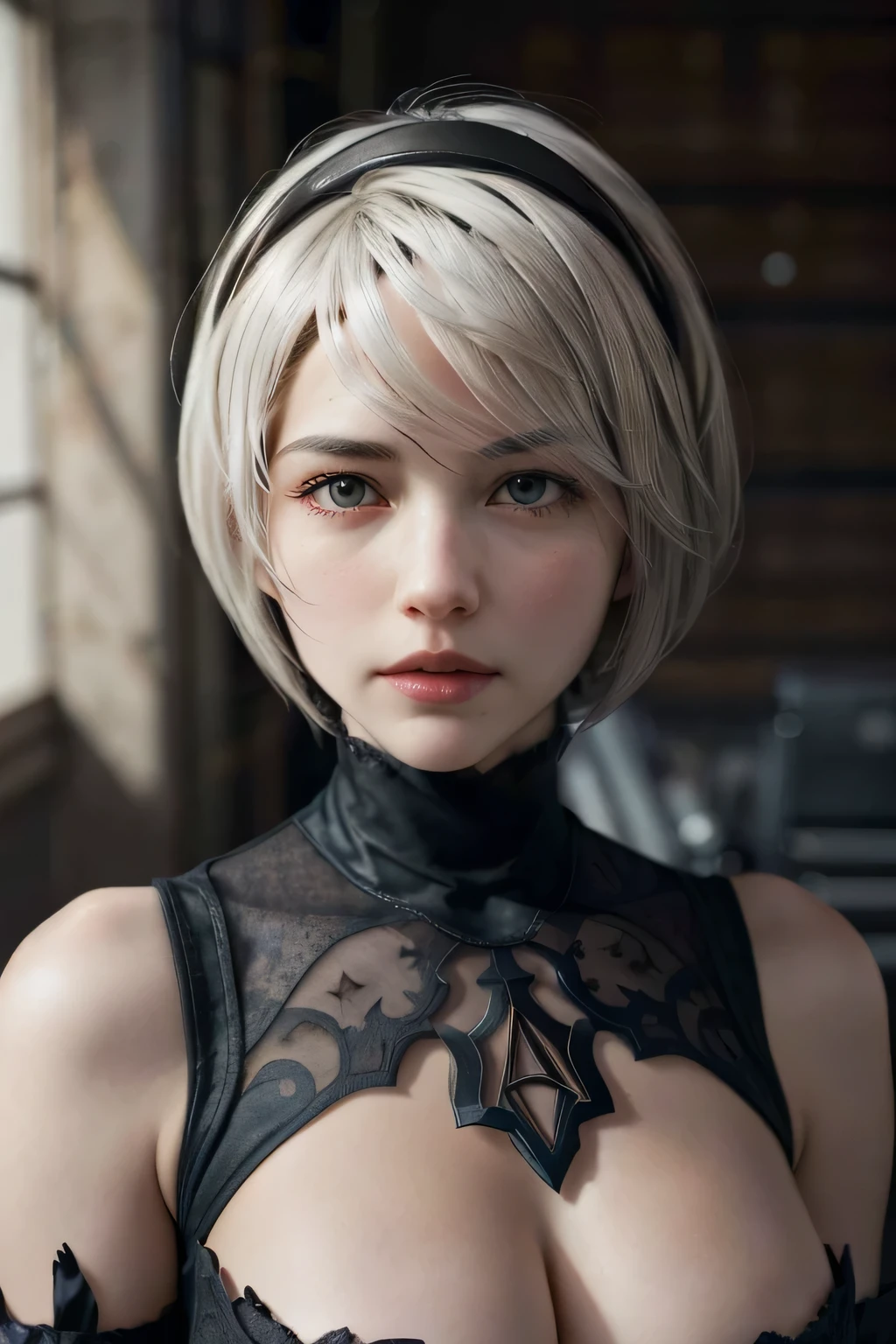 {(  Masterpiece,  Best Quality  , 16k portrait  ,   Ultra high definition ,   extremely detailed work  ,  rostro, eyes,  detailed and beautiful skin and hair )},( looking at the spectator )
BREAK {(  ultra realistic photographic style  :1.2)} 
BREAK {alone,(2b de nier-automata :1.4), (  light brown to light white hair :1.4,   short hair ), (medium mouth),( eyes afilados y estrechos ),( atractivos eyes azules vidriados :1.4),(  Left eye hidden by the bangs  :1.2),(  slim body:1.2),(neckline),(  very large breasts:1.4),(waist 50cm),Captivating lips} 
BREAK {(  Nier-Automata-2B costume  :1.2),(neckline entre senos:1.2),(diadema)} 
BREAK {profile, Posture recording of the model :1.2}