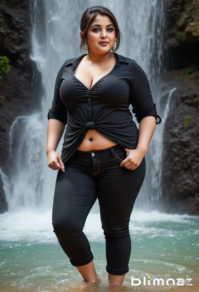 A indian mature chubby woman wearing a black shirt and a pair of jeans, showing very deep cleavage with the top buttons open, is standing in a waterfall, barefoot,and showing her round navel by tying the hem of her shirt.