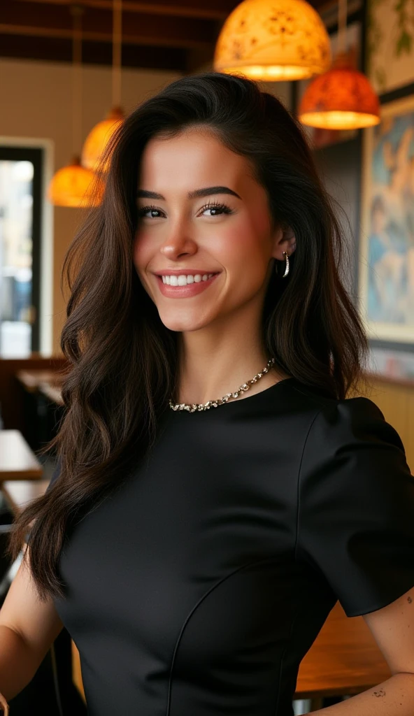 The image is a photograph of a woman with  long  hair, makeup, wearing a formfitting dress standing in a cafe. facing the viewer, looking a the viewer, smile