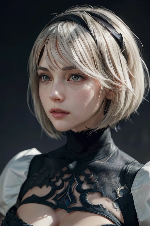 {(  Masterpiece,  Best Quality  , 16k portrait  ,   Ultra high definition ,   extremely detailed work  ,  rostro, eyes,  detailed and beautiful skin and hair )},( looking at the spectator )
BREAK {(  ultra realistic photographic style  :1.2)} 
BREAK {alone,(2b de nier-automata :1.4), (  light brown to light white hair :1.4,   short hair ), (medium mouth),( eyes afilados y estrechos ),( atractivos eyes azules vidriados :1.4),(  Left eye hidden by the bangs  :1.2),(  slim body:1.2),(neckline),(  very large breasts:1.4),(waist 50cm),Captivating lips} 
BREAK {(  Nier-Automata-2B costume  :1.2),(neckline entre senos:1.2),(diadema)} 
BREAK {profile, Posture recording of the model :1.2}