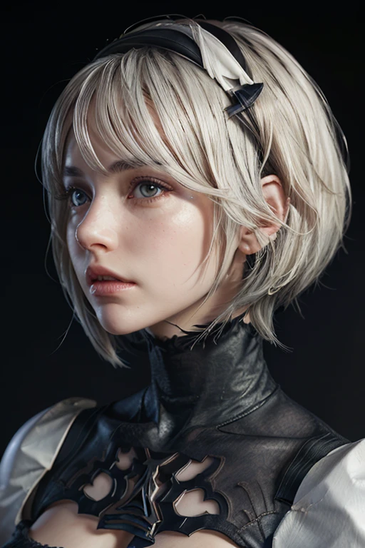 {(  Masterpiece,  Best Quality  , 16k portrait  ,   Ultra high definition ,   extremely detailed work  ,  rostro, eyes,  detailed and beautiful skin and hair )},( looking at the spectator )
BREAK {(  ultra realistic photographic style  :1.2)} 
BREAK {alone,(2b de nier-automata :1.4), (  light brown to light white hair :1.4,   short hair ), (medium mouth),( eyes afilados y estrechos ),( atractivos eyes azules vidriados :1.4),(  Left eye hidden by the bangs  :1.2),(  slim body:1.2),(neckline),(  very large breasts:1.4),(waist 50cm),Captivating lips} 
BREAK {(  Nier-Automata-2B costume  :1.2),(neckline entre senos:1.2),(diadema)} 
BREAK {profile, Posture recording of the model :1.2}