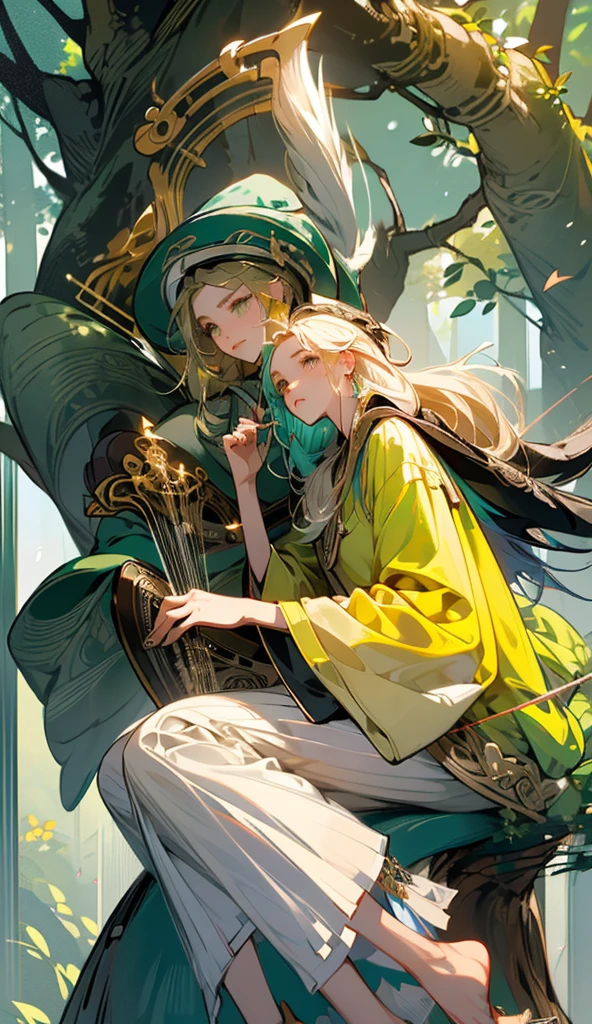 masterpiece, best quality, 1girl, neon golden eyes, long hair, fringe, Long chop, A bard girl, touching harp, relaxed pose, random pose, green robes, Long feather in the hat , ((( in profile lying on a tree,  with her bard's hat falling over her face))), full body, Alone