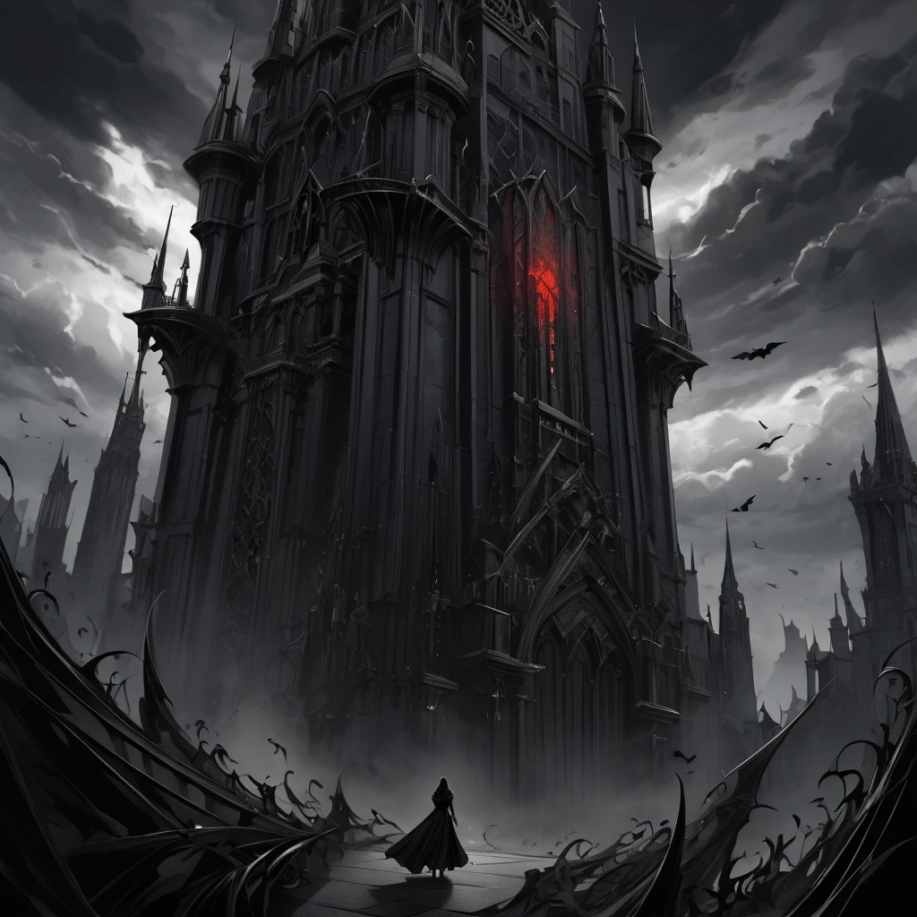 The "Dark Tower" towers over a world ruled by a dark queen. From the top of the tower in the darkness, the queen in a gothic dress looks down on her domain. A close-up of the queen, a dark world with black clouds swirling in the background, little demons under her control, crows flying around the tower, fantasy, sophisticated design, advanced lighting technology, 8K quality,