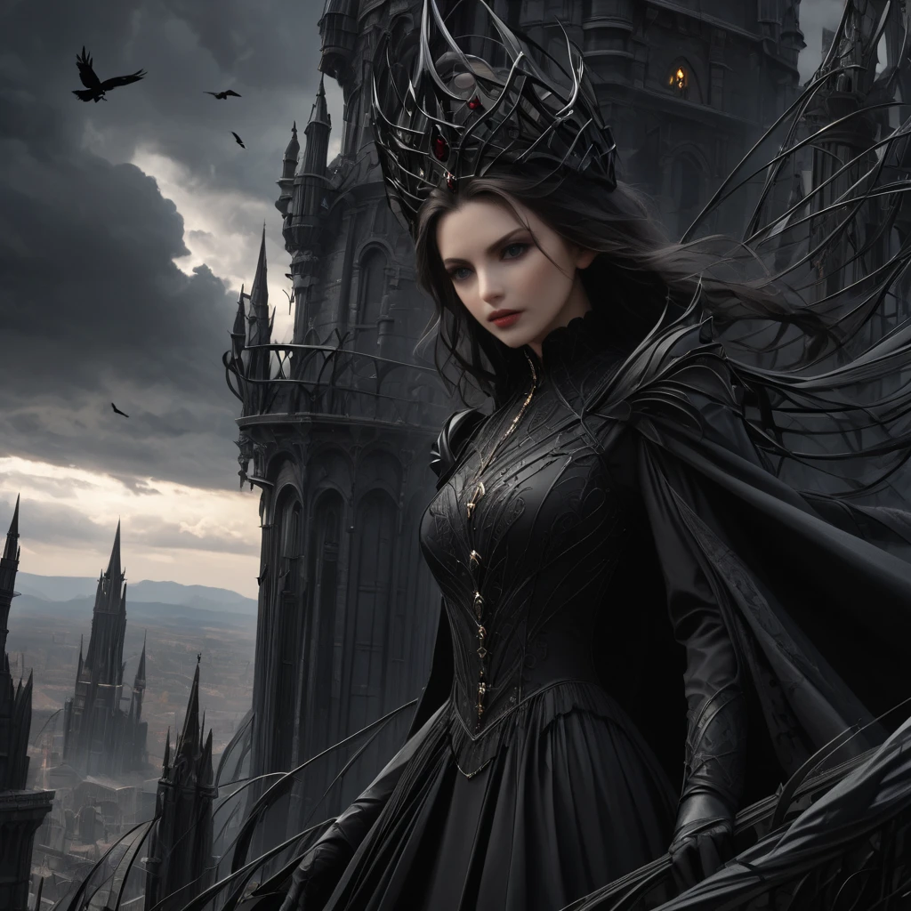 The "Dark Tower" towers over a world ruled by a dark queen. From the top of the tower in the darkness, the queen in a gothic dress looks down on her domain. A close-up of the queen, a dark world with black clouds swirling in the background, little demons under her control, crows flying around the tower, fantasy, sophisticated design, advanced lighting technology, 8K quality,