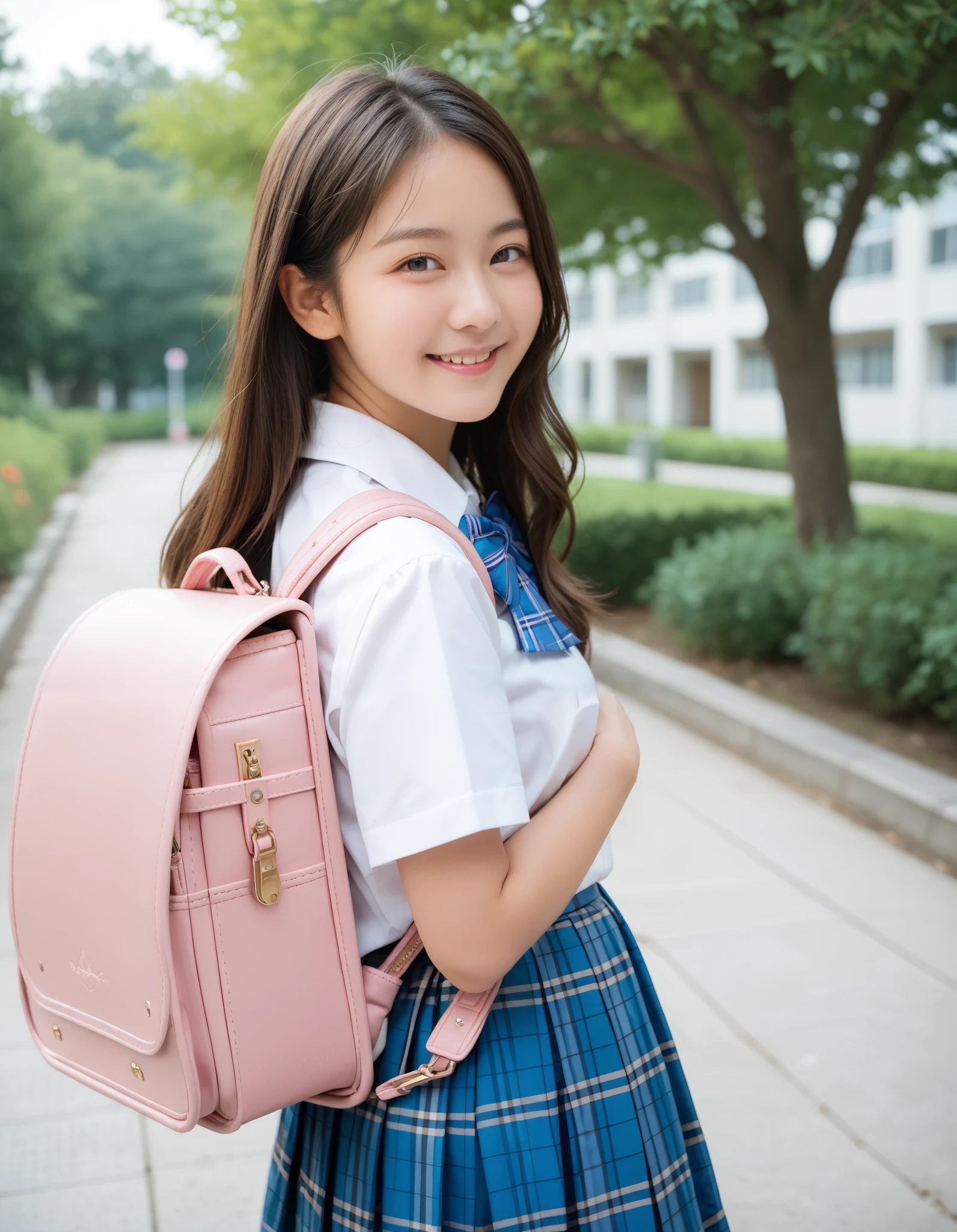 Masterpiece, hd, realistic, 1girl, brown hair, long hair, smile, medium breasts,school uniform, white collared shirt, blue bowtie, short sleeves, blue plaid skirt, wearing Randoseru backpack,pink backpack, cowboy shot, looking at viewer, outdoor, closed mouth, best quality