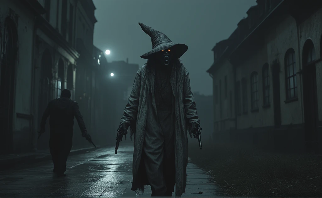 The great witch hunter. He's wearing a long, ragged, dirty white raincoat. He has heavy revolvers in his two hands. He has a witch-like hat on his head. There is a gas mask on his face, in which his eyes burn with gold. He walks through a European city at night. The atmosphere is gloomy. horror