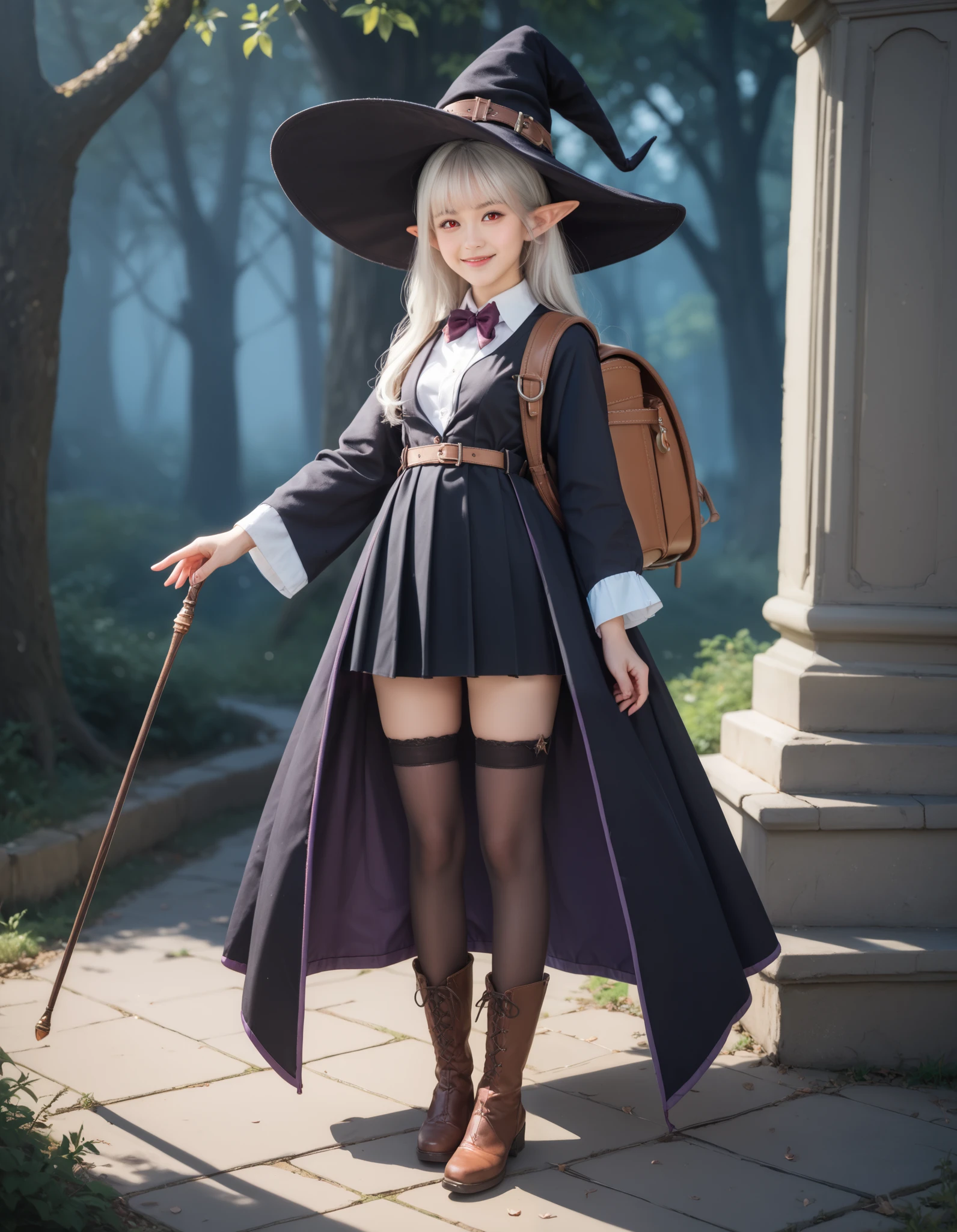 (masterpiece, best quality), 1girl, elaina, 1girl, solo, long hair, blue eyes, skirt, shirt, long sleeves, hat, bow, ribbon, hair between eyes, white shirt, white hair, boots, frills, wide sleeves, black skirt, bag, black footwear, black headwear, witch hat, frilled skirt, robe, yellow ribbon, witch, brown bag, black robe, open robe, pointy footwear, photorealism, realistic, beautiful, best_quality