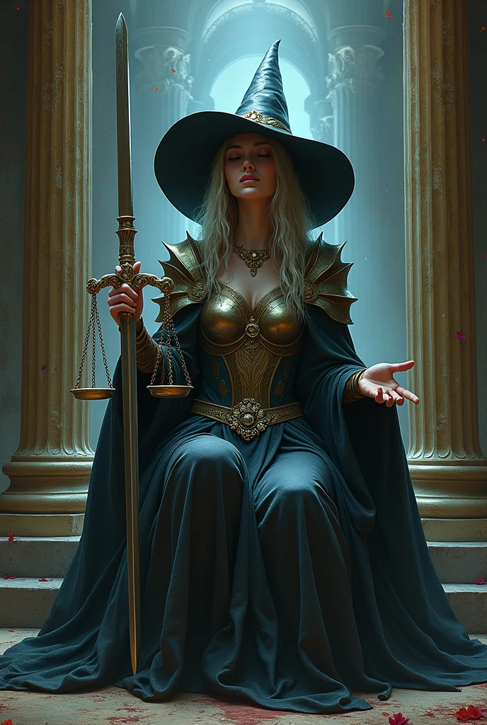 (best quality, masterpiece), (tarot, tarot card,:1.1) solo sorceress female witch, witch hat, black background, golden, glorious, epic background, epic vibe, in the style of Druuna