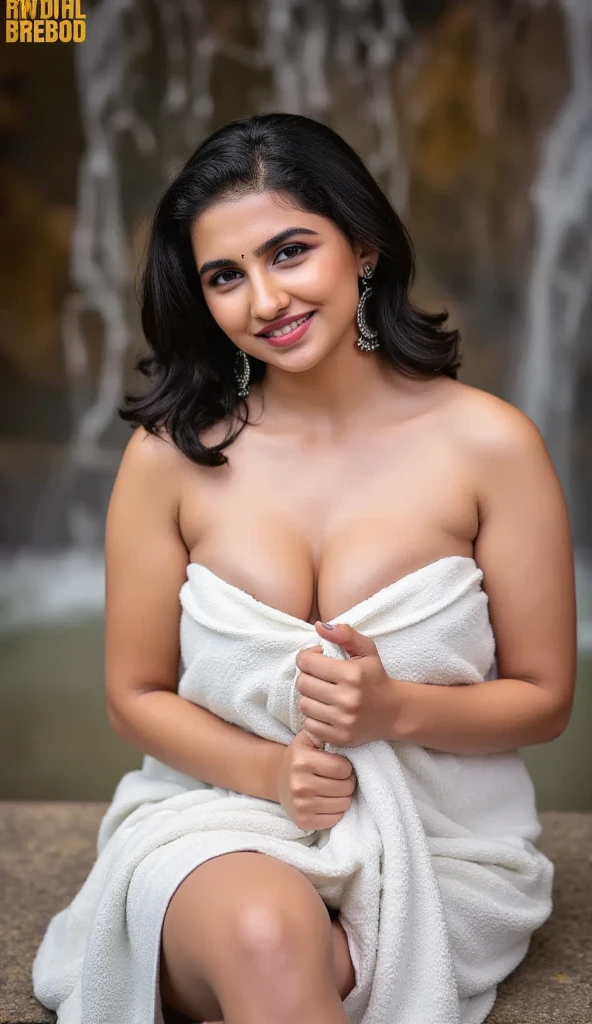  photo of sexy Mamitha , curvy, hourglass figure,  swooping breasts,  deep cleavage, bath towel, in a waterfall, seductive pose, erotic pose,  cheering for her, wavy hair, necklace,  red lips, nosering on one side of nose, jhumka, bright light photoshoot model,  