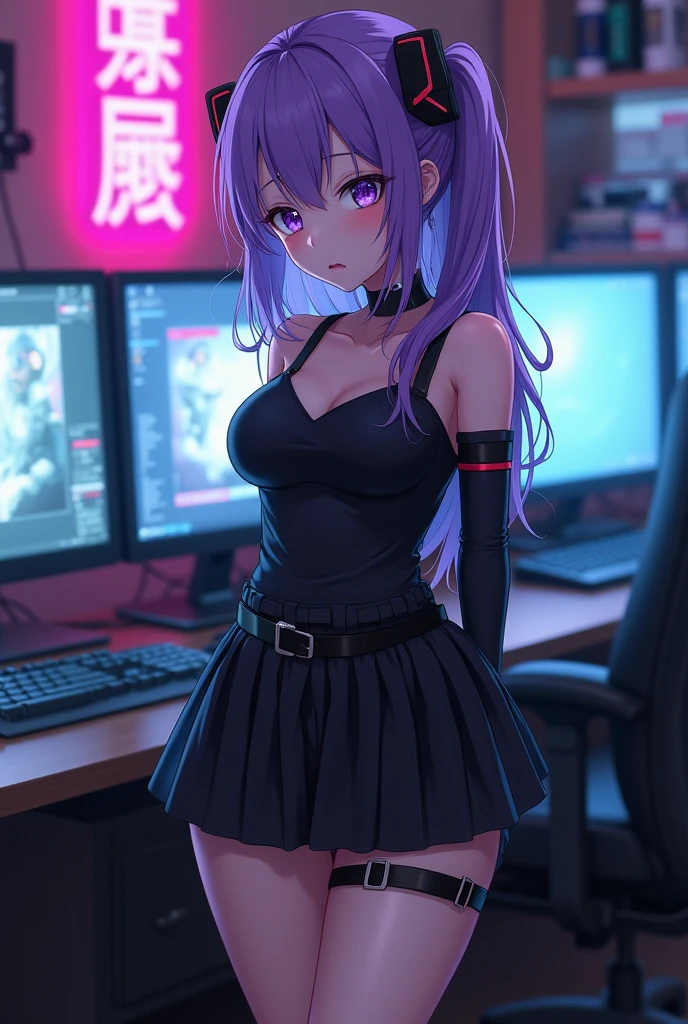 Gamer girl, anime girl, Komi Shouko, ((big breasts:1.1)), embarrassing, looking at the camera, ((medium hair, hair between eyes, side ponytail)), (purple eyes:1.1), purple hair, skirt, gloves, dress, bare shoulders, pleated skirt, sleeveless, black gloves, elbow gloves, belt, miniskirt, black skirt, black footwear, (black dress:1.5), thigh strap, sleeveless dress, halterneck, armband, single glove, black belt, pleated dress, arm strap, in a room with gamer computers, cyberpunk, perfect lighting, HDR, ultra resolution , very detailed, masterpiece, ultra quality, 4K HD, NSFW,