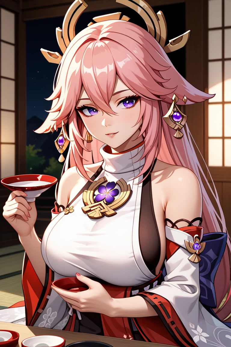 4k, masterpiece, best quality, ultra detailed, high resolution, super fine illustration, yae_miko(genshin impact), 1girl, solo, tipsy, long hair, pink hair, purple eyes, bangs, hair between eyes, large breasts,white shirt, sleeveless shirt, turtleneck, hakama, detached sleeves, white sleeves, wide sleeves, earrings, drinking sake,