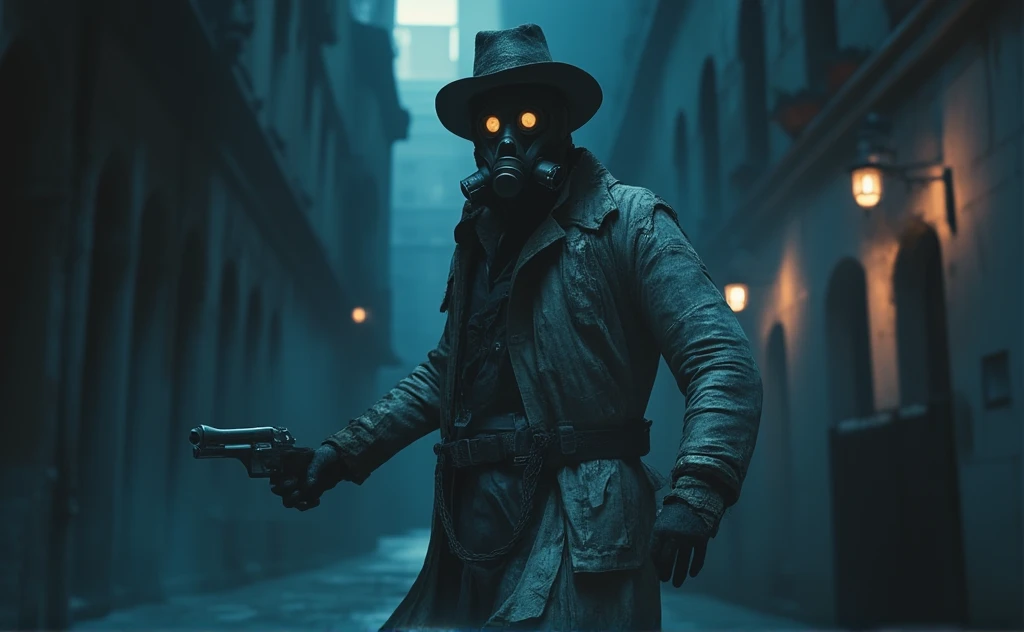 The great witch hunter. He's wearing a long, ragged, dirty white raincoat. He has heavy revolvers in his two hands. He wears a wide-brimmed hat on his head. There is a gas mask on his face, in which his eyes burn with gold. He walks through a European city at night. The atmosphere is gloomy. Pale blue lighting. horror